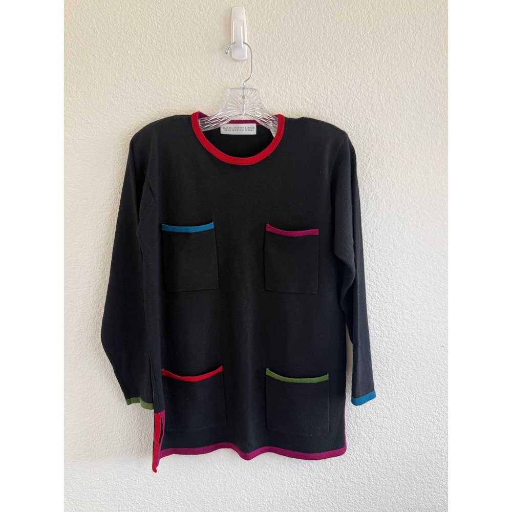 Valerie Stevens Petites Merino Wool Sweater Black Color Block Pockets PS Vintage